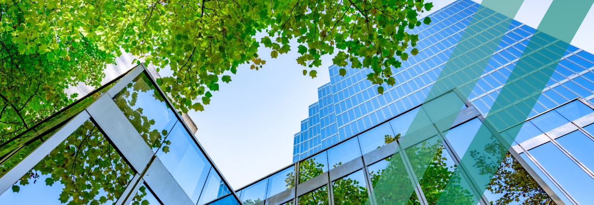Modern building with trees and blue sky in downtown Vancouver, Canada.