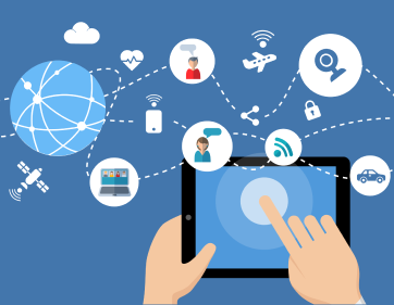 The image illustrates the hands of a person holding an electronic tablet and inter-connectivity between people's devices such as mobile phone, computer, webcam. As well as inter-connectivity with  cars, health care devices, airplanes and satellites.