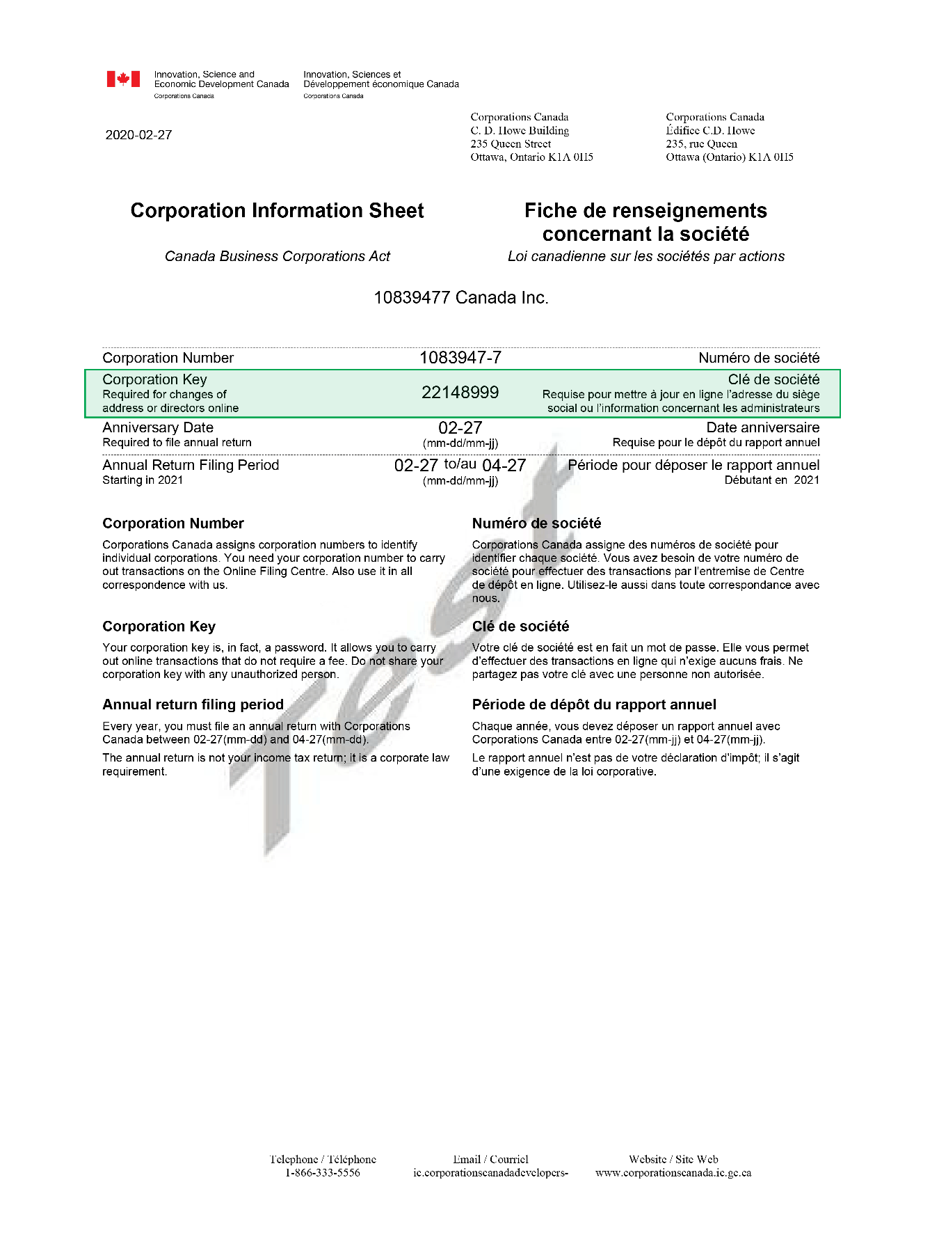 Exemple d'une « Fiche de renseignements concernant votre société ». L'image indique où retrouver la clé de société dans cette fiche, soit le chiffre juste après le numéro de société.