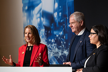 © Deutsche Messe AG. From left to right: Evelyne Coulombe, Chargée d'affaires a.i. for the Embassy of Canada to Germany; Jayson Myers, CEO of Next Generation Manufacturing Canada; and Christina Bilyk, Executive Lead for Canada at HANNOVER MESSE 2025, speaking at the HANNOVER MESSE 2025 Press Preview.